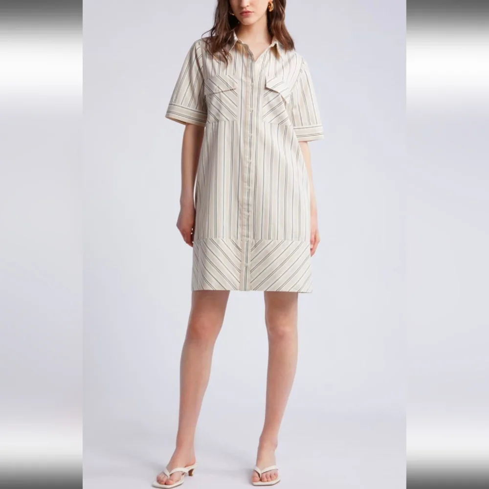 Nordstrom Striped Beige And White Button Up‎ Dress Size Small